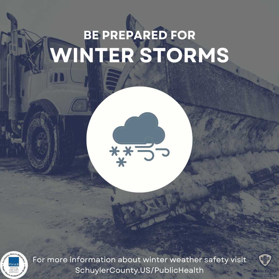 Image with a snow plow and a reminder to be prepared for winter storms