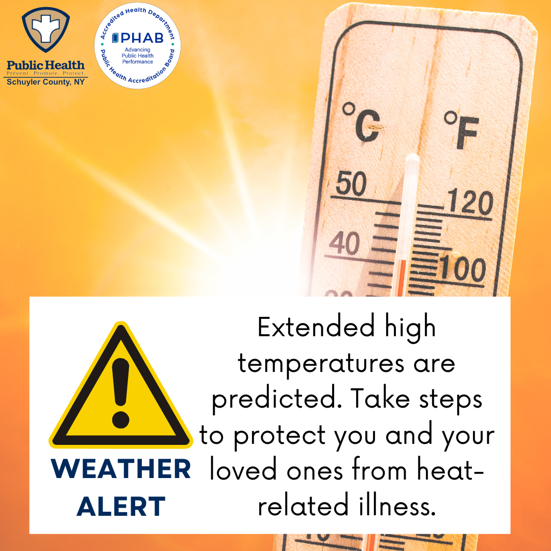 Image with information on high heat, showing thermometer and bright sunshine